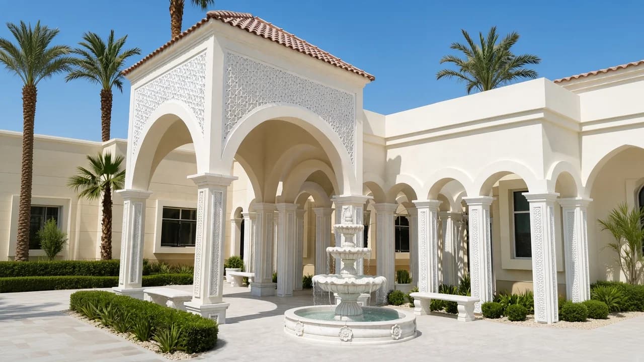 White arched courtyard with carved columns and a geometric screen