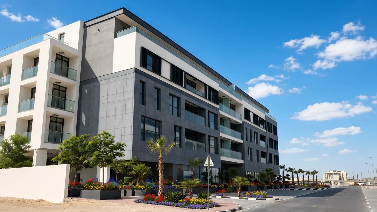 Grey GRC wall cladding panels at Nad Al Sheba, Dubai
